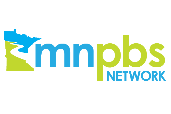 outline of the state of Minnesota, mnpbs in blue and green, and the words network in blue