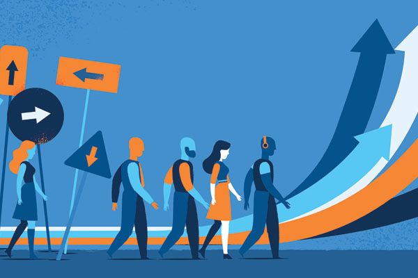 An abstract illustration in various shades of blue and orange. It depicts several humans walking in different directions, with arrows pointing in various directions around them. The arrows represent different paths or choices.