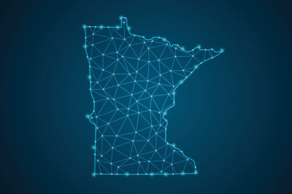 A digital representation of a map of Minnesota outlined with glowing blue lines and dots. The lines and dots form a network of triangles within the state's outline. The background is dark, which makes the glowing lines and dots stand out.