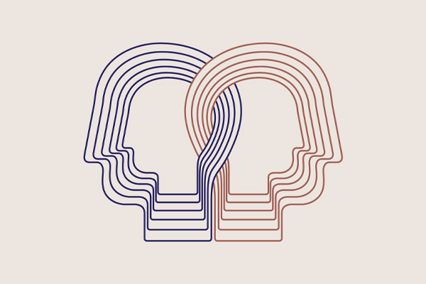 A series of curved lines forming an abstract, symmetrical pattern. The lines are arranged so they mirror each other, creating a shape that resembles two overlapping profiles of human heads facing away from each other.